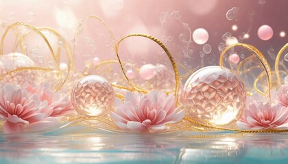 Background with pink and white colors, featuring bubbles and streamers in a festive design