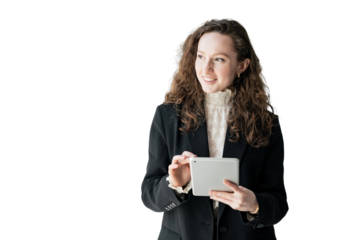 A female business secretary in a jacket uses a tablet computer, Cut out