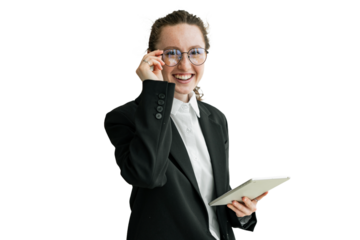 A female business secretary in a jacket uses a tablet computer, Cut out
