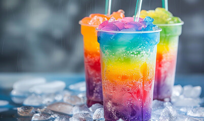 Frozen Rainbow Slush Drinks Chilling on Ice-AI generated image