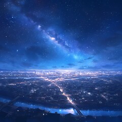 Naklejka na ściany i meble Majestic Nighttime Cityscape Under a Brilliant Starlit Sky - Captivating Stock Image for Artistic Imagery
