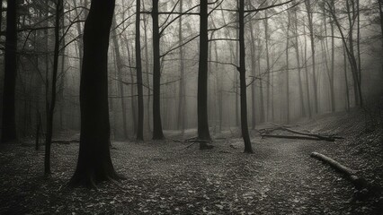 fog in the forest a black and white photo of a forest