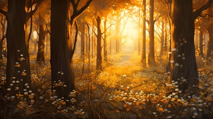 Autumn forest with yellow leaves and sunbeams. Panoramic image
