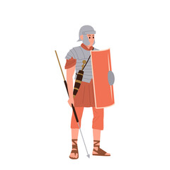 Ancient roman warrior cartoon character holding shield and spear wearing helmet, armor and sandals