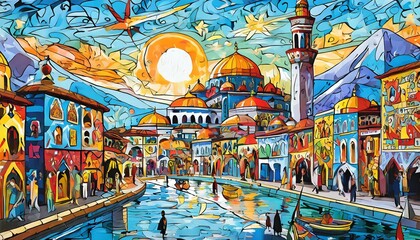 Naklejka premium Colorful street art mural depicting cultural divers