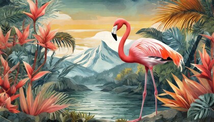 Flamingo and plants wallpaper design, tropical leaf, landscape, mural art