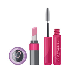 Decorative cosmetics kit with eyeshadow, mascara, lipstick for female makeup isolated on white