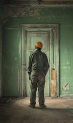 **Short description**: A person in work attire standing in front of a weathered door in an abandoned building