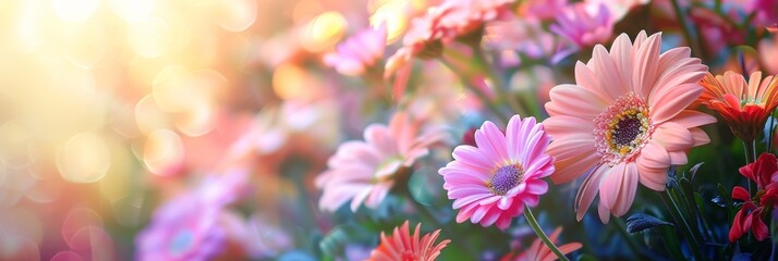 Vivid gerbera flowers in lush garden with gently blurred background, creating a serene atmosphere