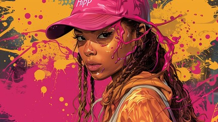 lady hip hop dancer long hair with neon pink baseball - obrazy, fototapety, plakaty