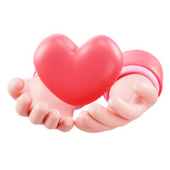 3D hands holding a red heart on a clear background