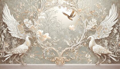 Wall mural, wallpaper, in the style of classic, baroque, modern, rococo. Wall mural with bir