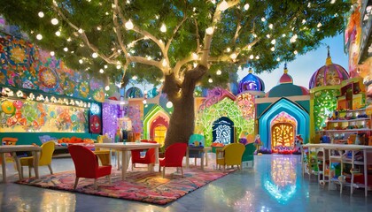 Warmly lit kids' zone with colorful furniture and whimsical tree mural