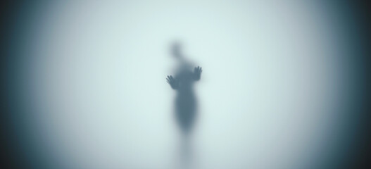 Black paranormal female figure leaning fog frosted glass horror halloween silhouette 3d illustration render digital rendering - 791090207