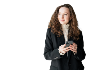 A female manager in a jacket uses a phone cut out