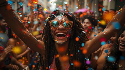 Celebrate with confetti: A diverse crowd joyfully gathers at festive event or parade. Concept Festive Event, Diverse Crowd, Celebrating with Confetti, Joyful Gathering, Parade Excitement