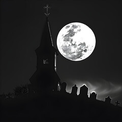 large moon silhouetting a church spire and graveyard