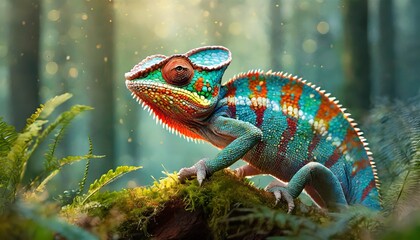 vibrant chameleon perches on moss its multicolored scales stan - obrazy, fototapety, plakaty