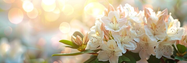 White rhododendron bloom in garden against soft pastel background, serene and beautiful scene - obrazy, fototapety, plakaty