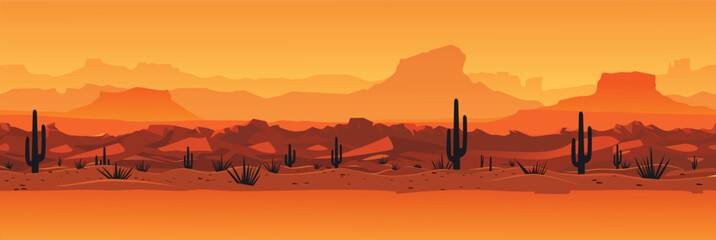 Arizona desert landscape with mountains and cactus in flat cartoon style 