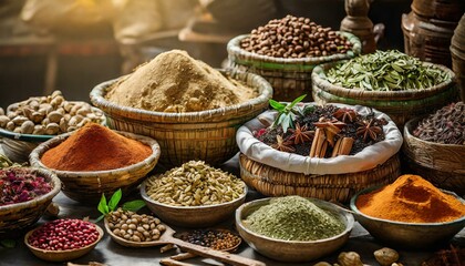 Various spices and herbs and dry fruits in the local market on a stall in the Arabian market - obrazy, fototapety, plakaty