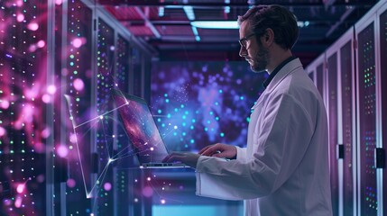 A scientist analyzes data in a futuristic server room