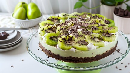 Yogurt and kiwi cake with a cookie base decorated with grated chocolate.