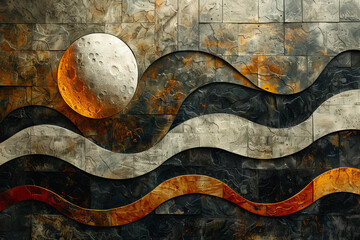 Craft a composition reminiscent of a lunar symphony, blending abstract forms and textures to convey reflected moonlight and musical waves in space