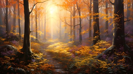 Panoramic image of a majestic beech forest in a fog at sunrise. Mighty tree trunks, golden leaves. Idyllic autumn landscape. Pure nature, ecology, environmental conservation, ecotourism