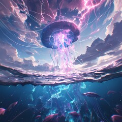An enchanting underwater scene where a majestic jellyfish dominates the ocean's depths amidst a stormy sky. - obrazy, fototapety, plakaty