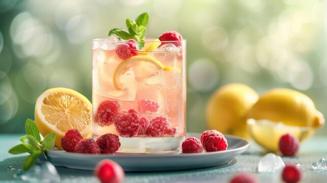 Summer refreshing cold berry cocktail with lemon, raspberry lemonade