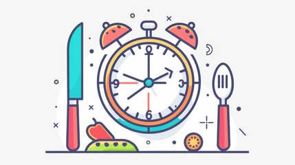 Clock icon with fork and knife, time to eat, vector illustration