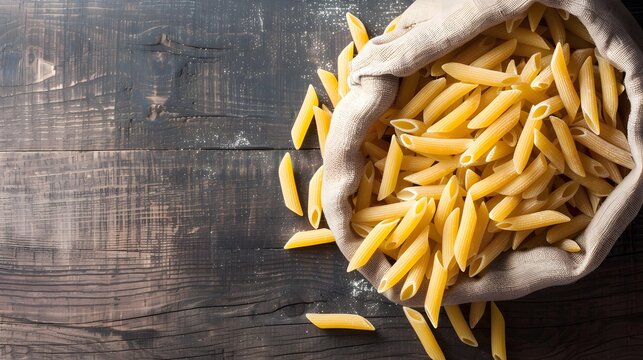 uncooked penne pasta in sack - Powered by Adobe
