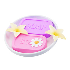 3D rendered pink and purple soaps with floral decoration