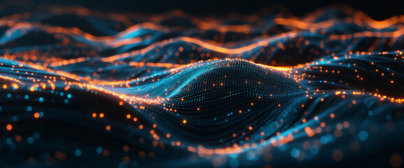 Digital background with glowing blue and orange dots on a dark wave, in a technology futuristic concept. abstract data flow