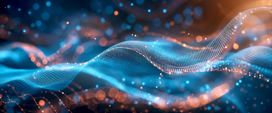 Digital background with glowing blue and orange dots on a dark wave, in a technology futuristic concept. abstract data flow
