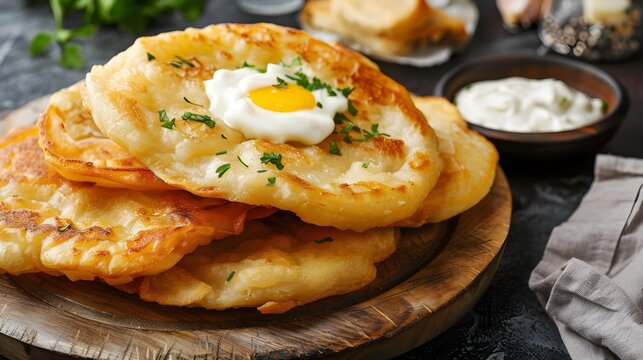 Precisely prepared hungarian traditional langos with lovely crust greased with garlic, cream, cheese and herbs, served with vegetables in the backround