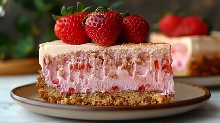  A tight shot of a cake slice on a plate, adorned with strawberries atop The remaining cake section recedes into the background