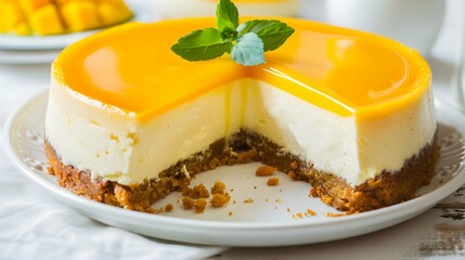 Traditional German cheesecake with mango served as close-up on a cake plate