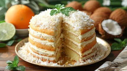   A tight shot of a cake sliced on a plate, oranges situated behind