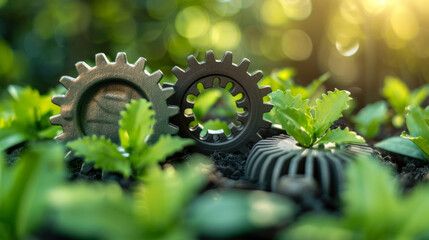 Two gears are on top of a bed of green plants - obrazy, fototapety, plakaty