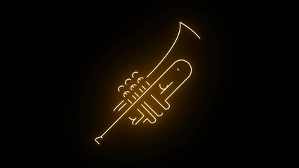 Neon trumpet. Line Art. Animation with neon light. Glowing neon line. Musical instrument trumpet icon. Isolated on black background. 4K Video motion graphic animation. Linear neon animation of yellow.