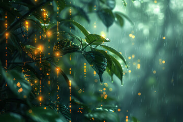 a digital jungle composition, merging natural elements with digital technology and code. It should convey the blending of living organisms with virtual reality