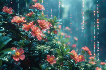 a digital jungle composition, merging natural elements with digital technology and code. It should convey the blending of living organisms with virtual reality