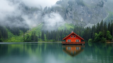   A red house atop a lake, beside a lush green forest-covered mountain shrouded in clouds and fog - obrazy, fototapety, plakaty
