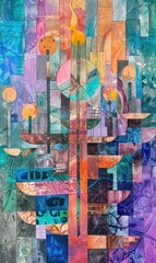 Obraz premium This is a colorful abstract stained glass artwork with various geometric and symbolic elements