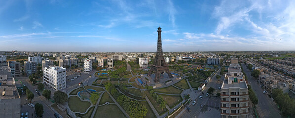 An aerial panorama of Eiffel Tower's replica, located in Lahore's Bahria Town. 