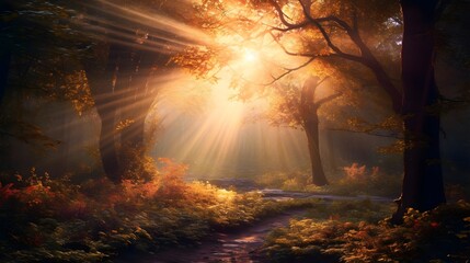 Autumn forest with sunbeams. Panoramic image.