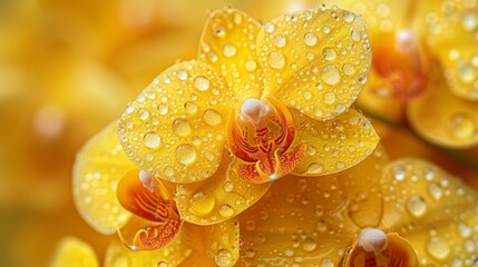 Macro close up of vibrant yellow orchids adorned with glistening dew drops for stunning visuals