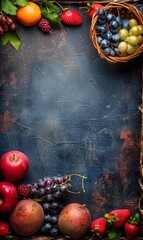 Mixed fresh fruits in a basket with a dark, rustic setting. - obrazy, fototapety, plakaty